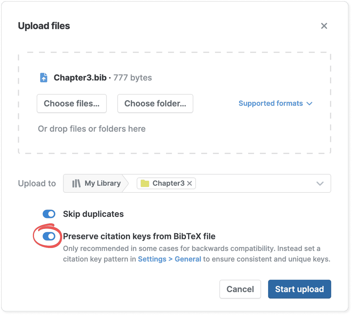 The Upload files dialog with Chapter3.bib queued for the Chapter3 folder, “Skip duplicates” on, and the circled “Preserve citation keys from BibTeX file” toggle switched on with a note that it is only recommended for backwards compatibility.